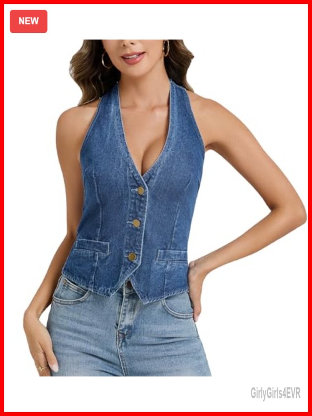 Denim Halter Vest Top Cotton Blend V Neck Back Tie Corset Crop